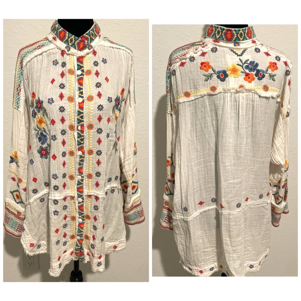 Johnny Was Florence Embroidered Long Sleeve Gauze Blouse Size Large